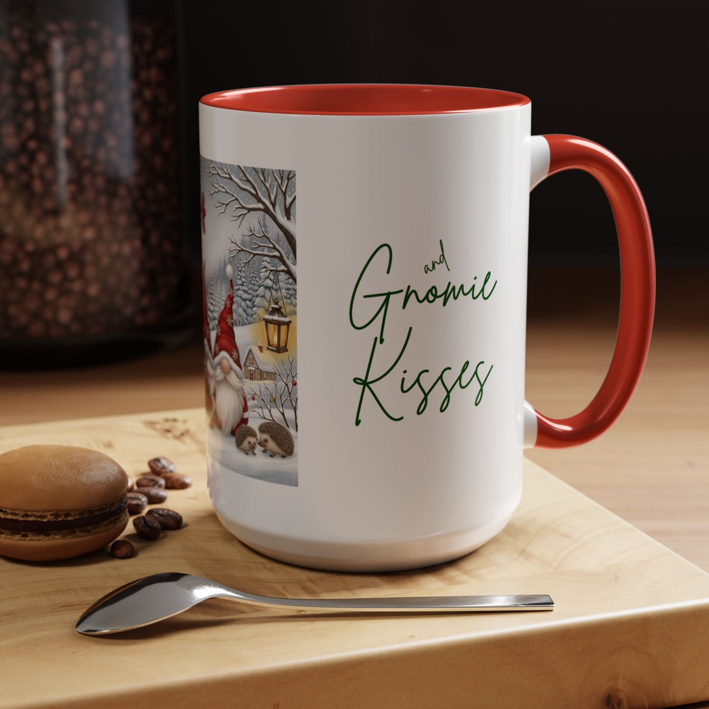 Holiday Wishes & Gnomie Kisses Christmas Mug - Festive Gnome Holiday Cup, 11 oz, 15 oz