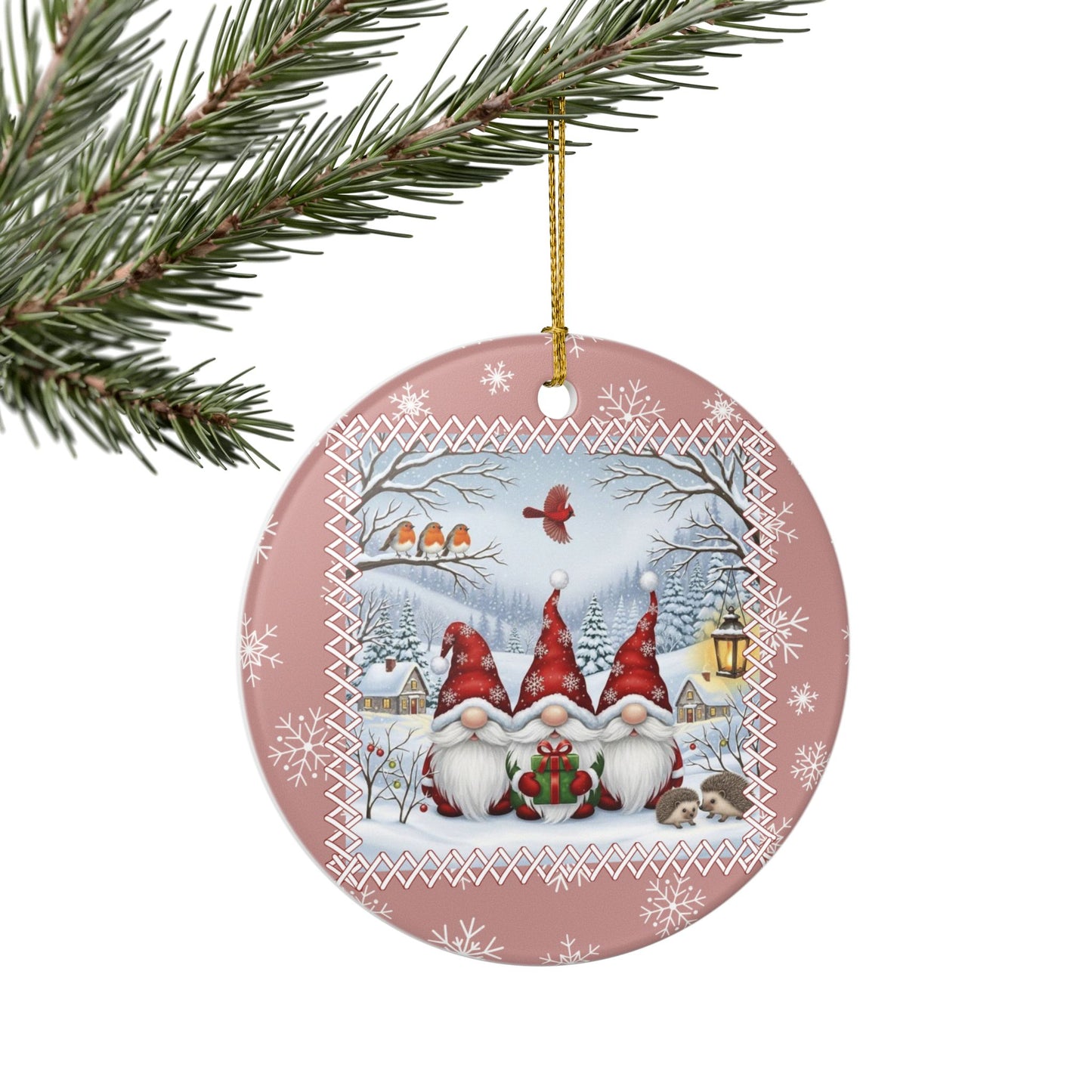Three Christmas Gnomes Ornament - Elegant Winter Scene Tree Decoration