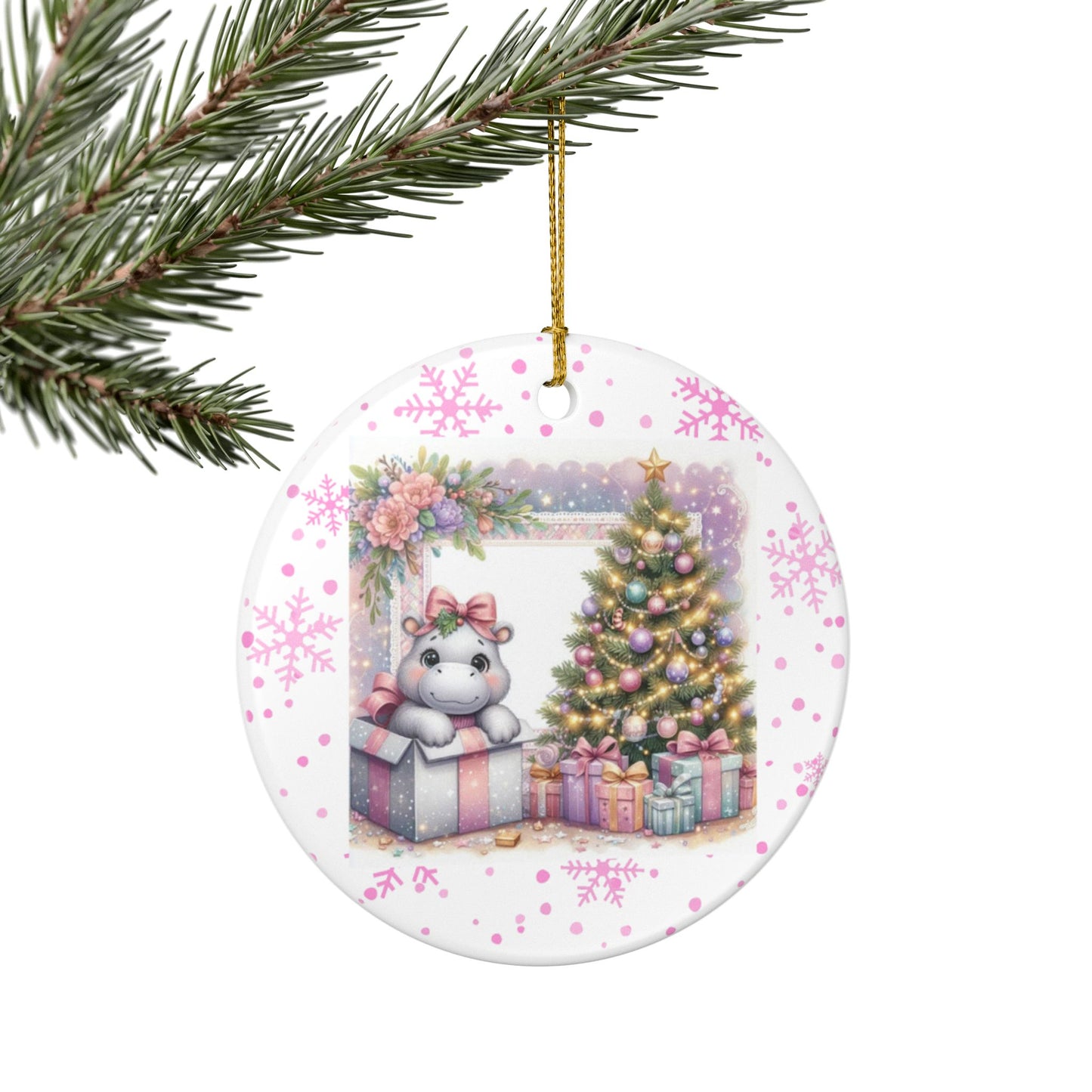 Baby Hippo Christmas Surprise Ornament - Adorable Pink Gift Box Ceramic Decoration