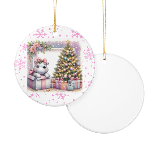 Baby Hippo Christmas Surprise Ornament - Adorable Pink Gift Box Ceramic Decoration