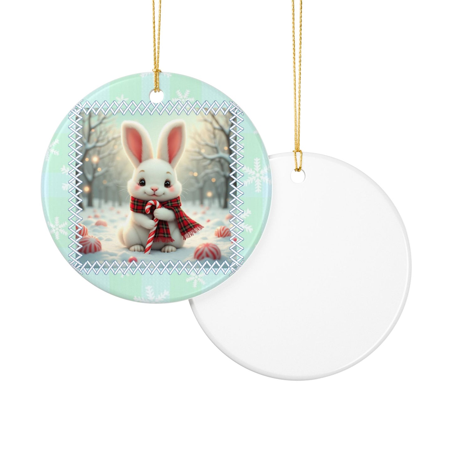 Sweet Bunny with Candy Cane Christmas Ornament - Whimsical Winter Woodland Ceramic Decoration