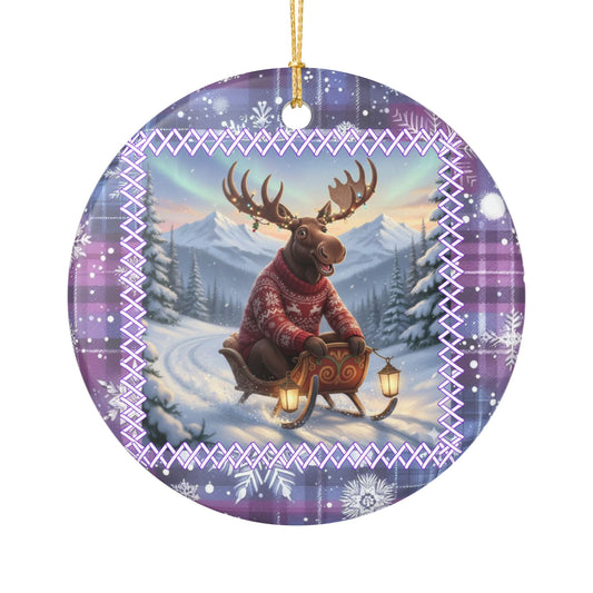 Whimsical Moose Sleigh Ride Christmas Ornament - Winter Wonderland Ceramic
