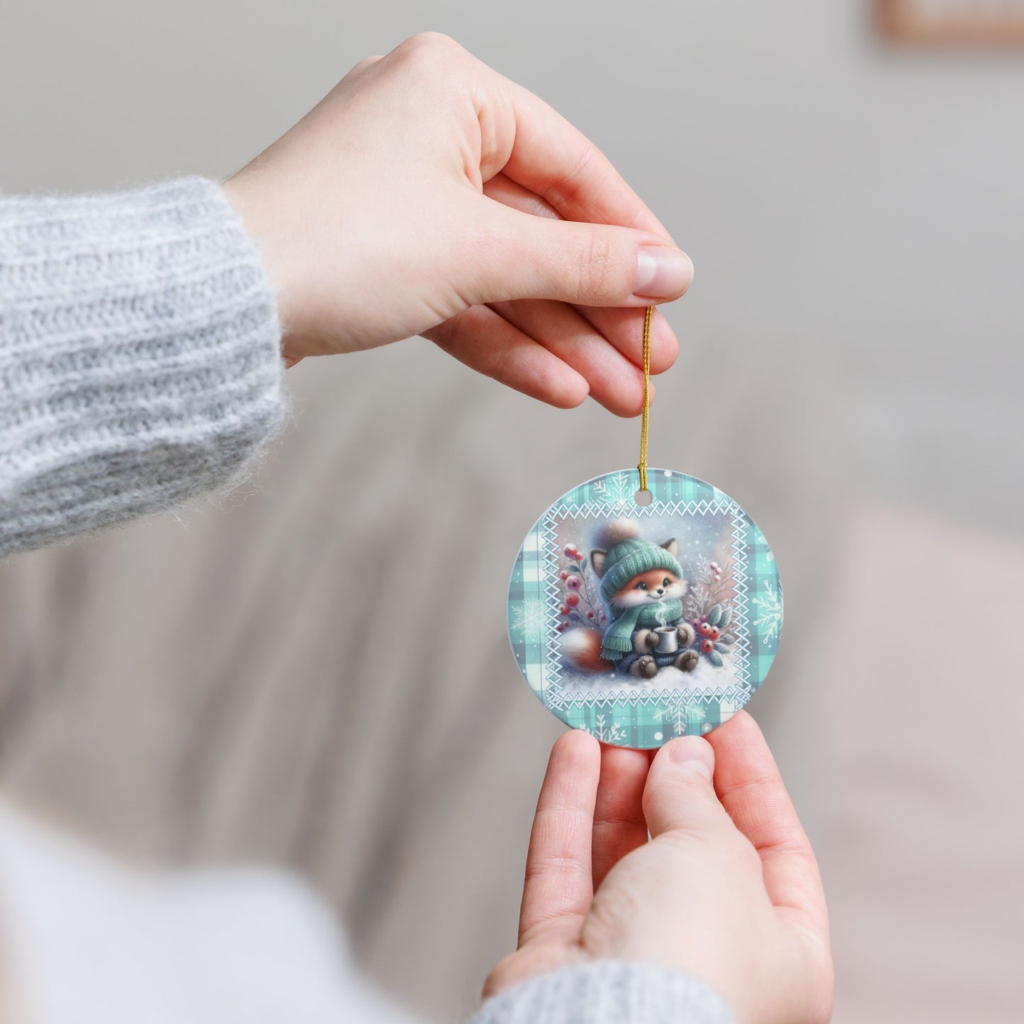 Cozy Fox with Hot Cocoa Christmas Ornament - Whimsical Winter Ceramic Decoration
