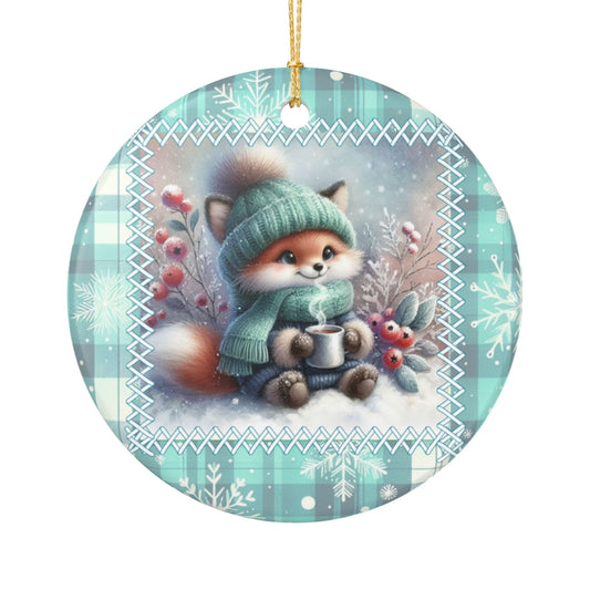 Cozy Fox with Hot Cocoa Christmas Ornament - Whimsical Winter Ceramic Decoration