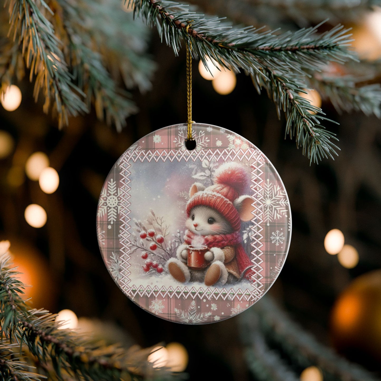 Cozy Mouse with Hot Cocoa Christmas Ornament - Sweet Winter Woodland Ceramic Decoration