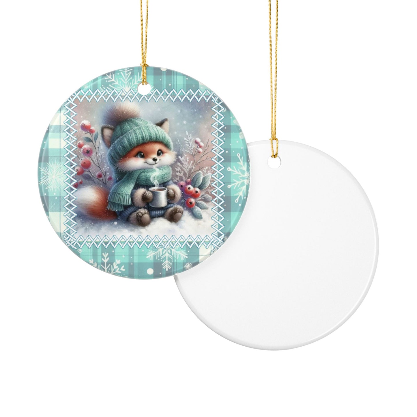 Cozy Fox with Hot Cocoa Christmas Ornament - Whimsical Winter Ceramic Decoration