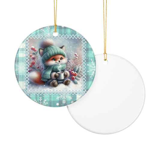 Cozy Fox with Hot Cocoa Christmas Ornament - Whimsical Winter Ceramic Decoration