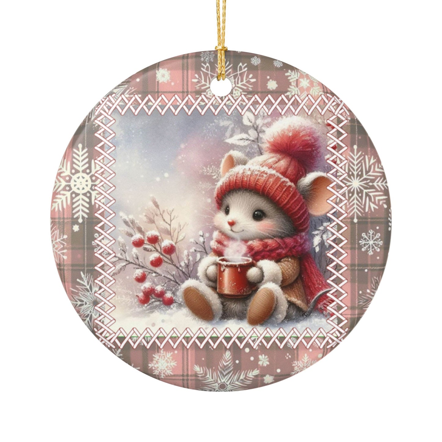 Cozy Mouse with Hot Cocoa Christmas Ornament - Sweet Winter Woodland Ceramic Decoration