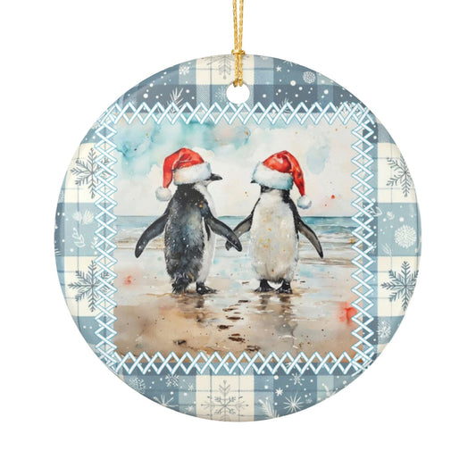 Penguin Pair in Santa Hats Ornament - Sweet Holiday Friendship Ceramic Decoration