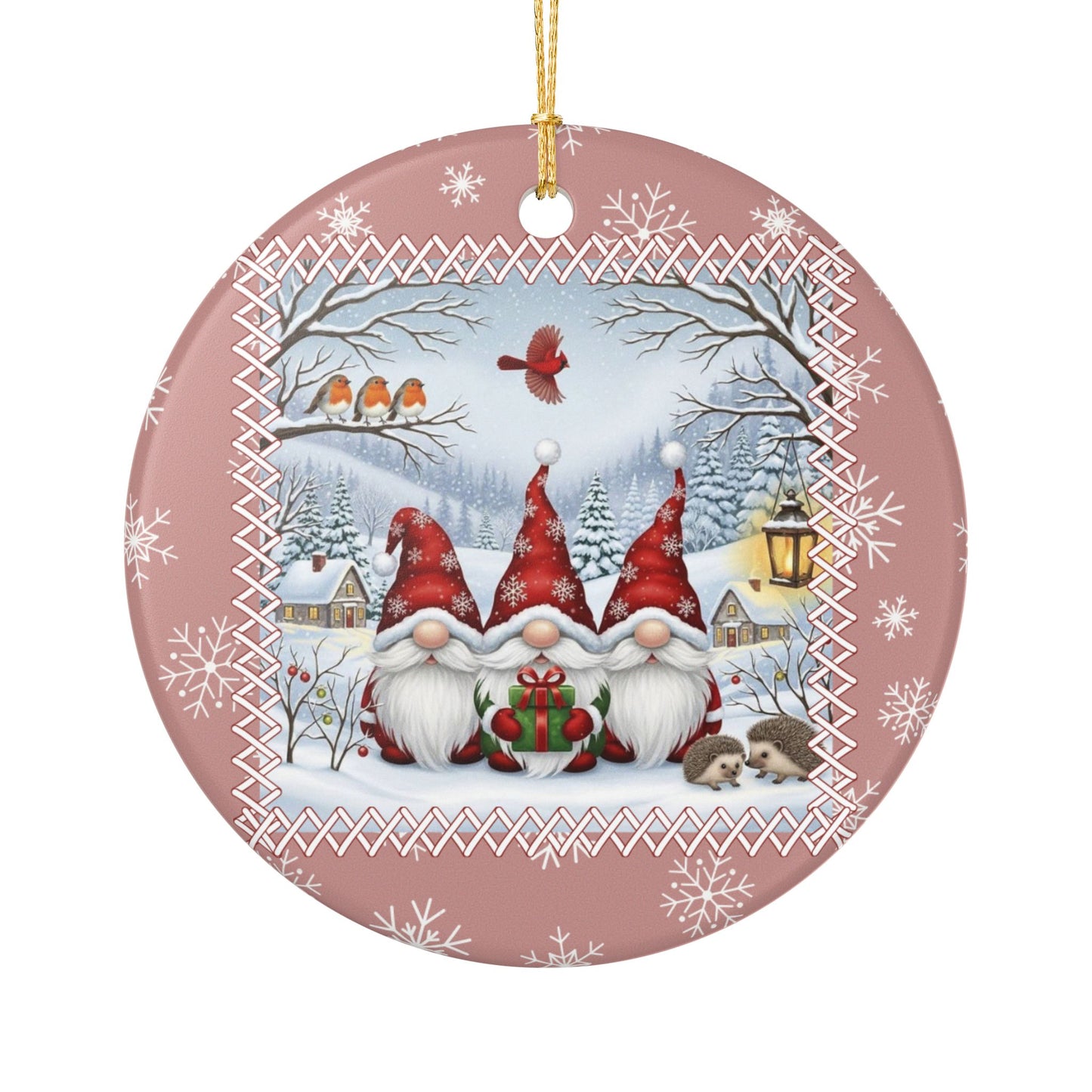 Three Christmas Gnomes Ornament - Elegant Winter Scene Tree Decoration