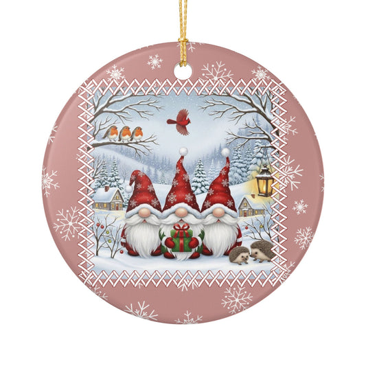 Three Christmas Gnomes Ornament - Elegant Winter Scene Tree Decoration