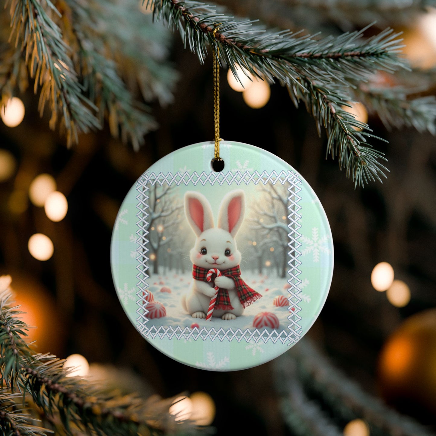 Sweet Bunny with Candy Cane Christmas Ornament - Whimsical Winter Woodland Ceramic Decoration