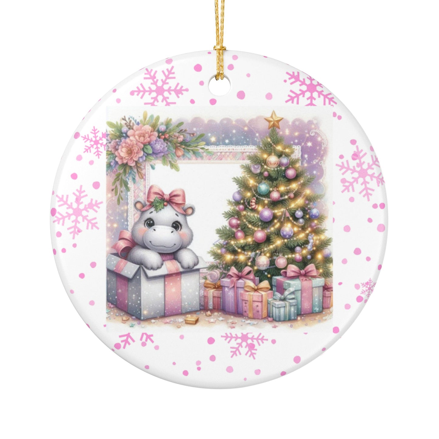 Baby Hippo Christmas Surprise Ornament - Adorable Pink Gift Box Ceramic Decoration