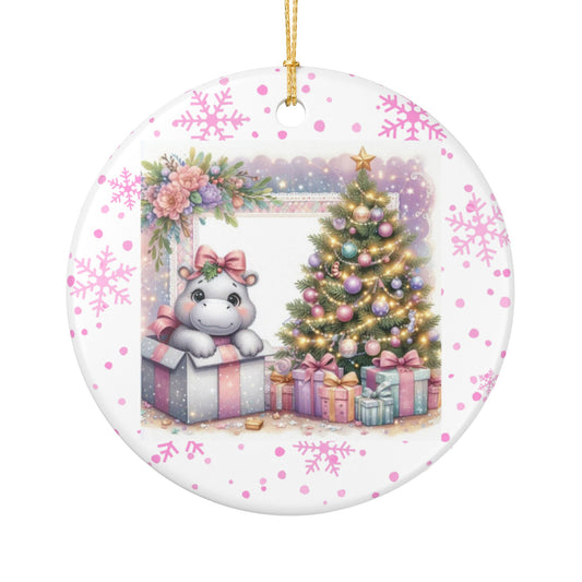 Baby Hippo Christmas Surprise Ornament - Adorable Pink Gift Box Ceramic Decoration