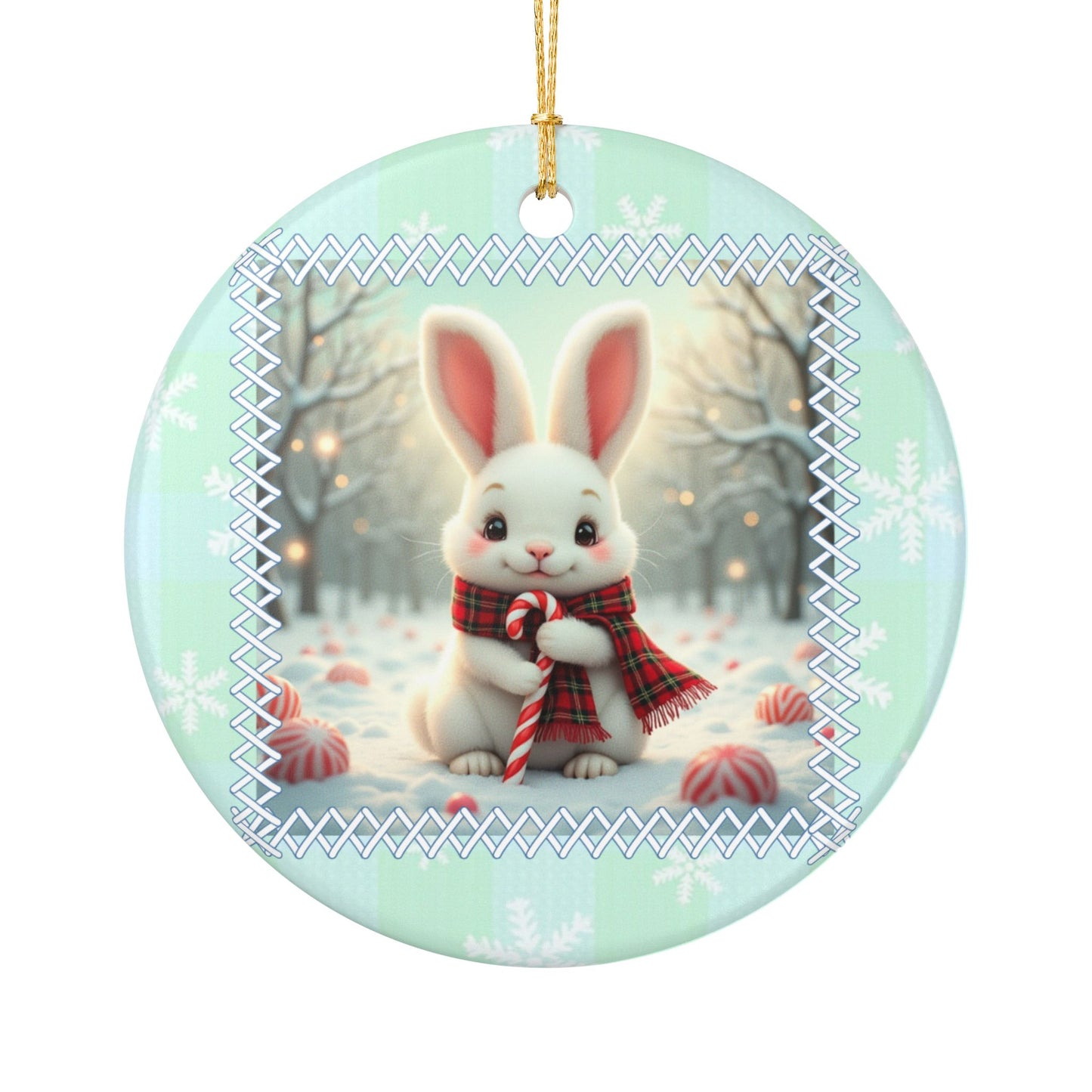 Sweet Bunny with Candy Cane Christmas Ornament - Whimsical Winter Woodland Ceramic Decoration