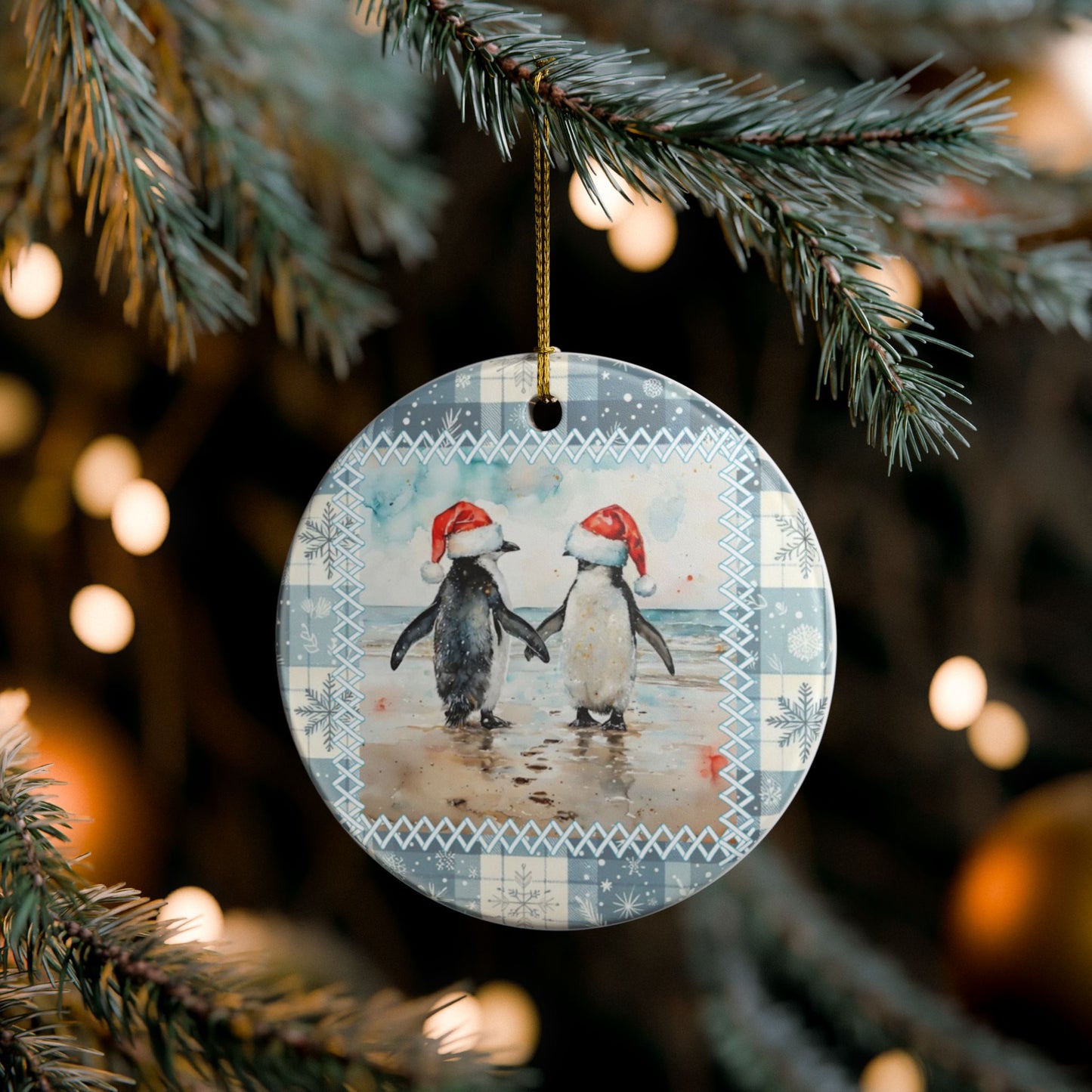 Penguin Pair in Santa Hats Ornament - Sweet Holiday Friendship Ceramic Decoration