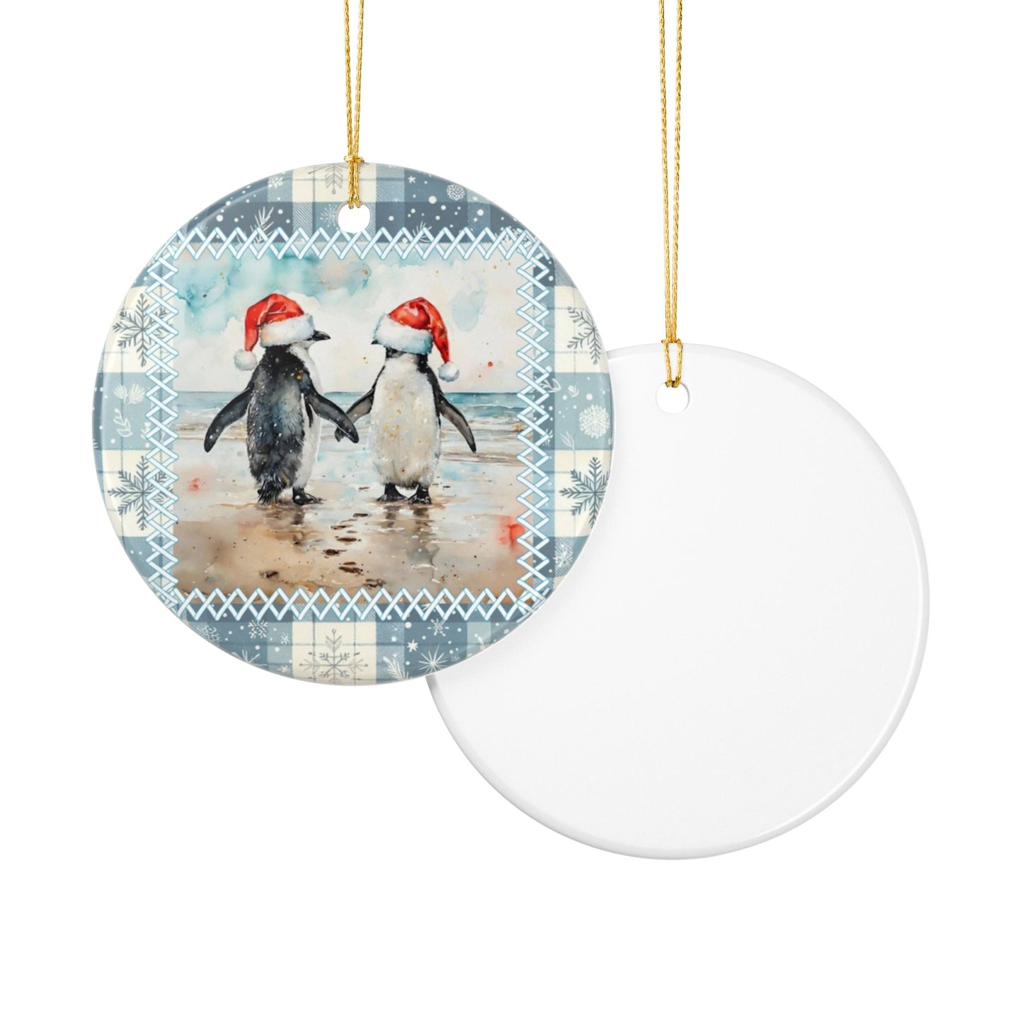 Penguin Pair in Santa Hats Ornament - Sweet Holiday Friendship Ceramic Decoration
